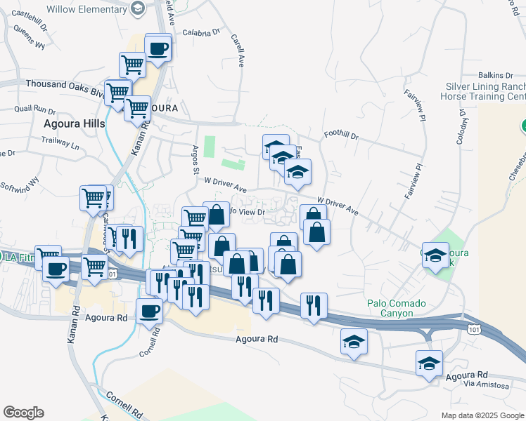 map of restaurants, bars, coffee shops, grocery stores, and more near 28553 Conejo View Drive in Agoura Hills
