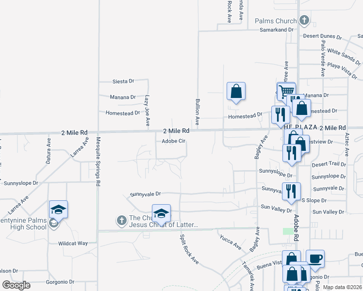 map of restaurants, bars, coffee shops, grocery stores, and more near 73233 Adobe Circle in Twentynine Palms