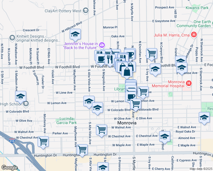 map of restaurants, bars, coffee shops, grocery stores, and more near 244 West Palm Avenue in Monrovia