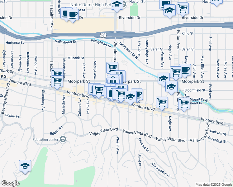 map of restaurants, bars, coffee shops, grocery stores, and more near 4330 Woodman Avenue in Los Angeles
