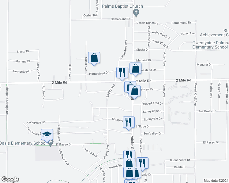 map of restaurants, bars, coffee shops, grocery stores, and more near 73584 Desert Trail Drive in Twentynine Palms