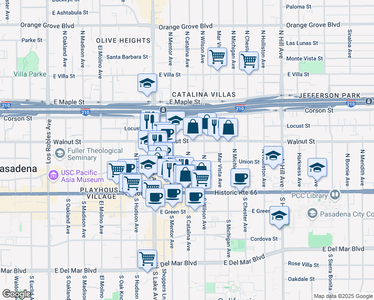 map of restaurants, bars, coffee shops, grocery stores, and more near 173 North Catalina Avenue in Pasadena