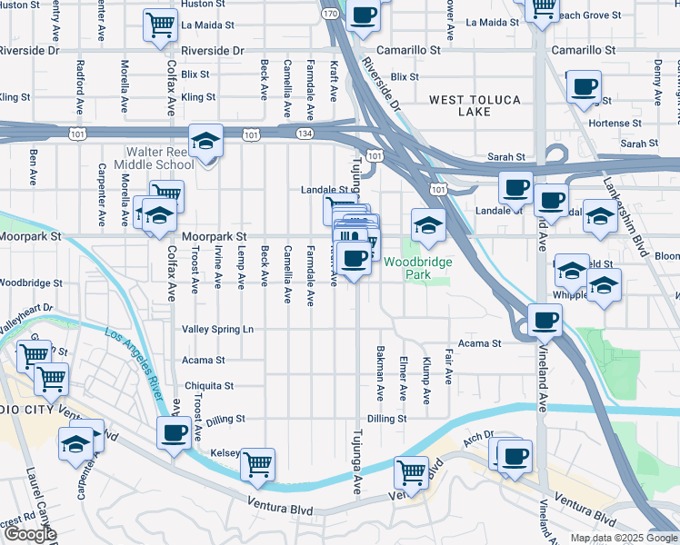 map of restaurants, bars, coffee shops, grocery stores, and more near 4356 Kraft Avenue in Los Angeles