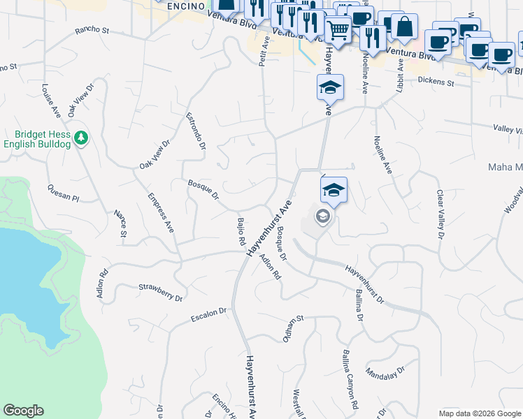 map of restaurants, bars, coffee shops, grocery stores, and more near 16700 Bosque Drive in Los Angeles
