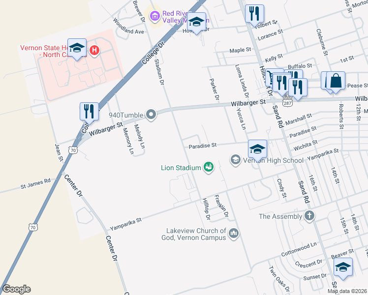 map of restaurants, bars, coffee shops, grocery stores, and more near 2001 Stadium Drive in Vernon