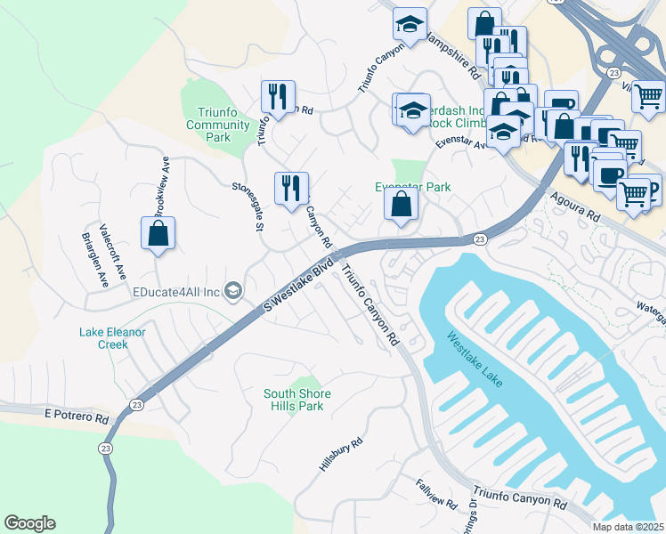 map of restaurants, bars, coffee shops, grocery stores, and more near 2101 Portola Lane in Westlake Village