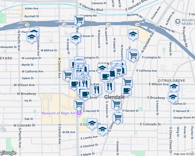 map of restaurants, bars, coffee shops, grocery stores, and more near 223 North Kenwood Street in Glendale