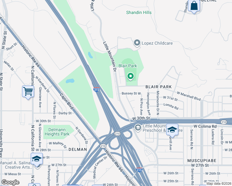 map of restaurants, bars, coffee shops, grocery stores, and more near 3174 Little Mountain Drive in San Bernardino