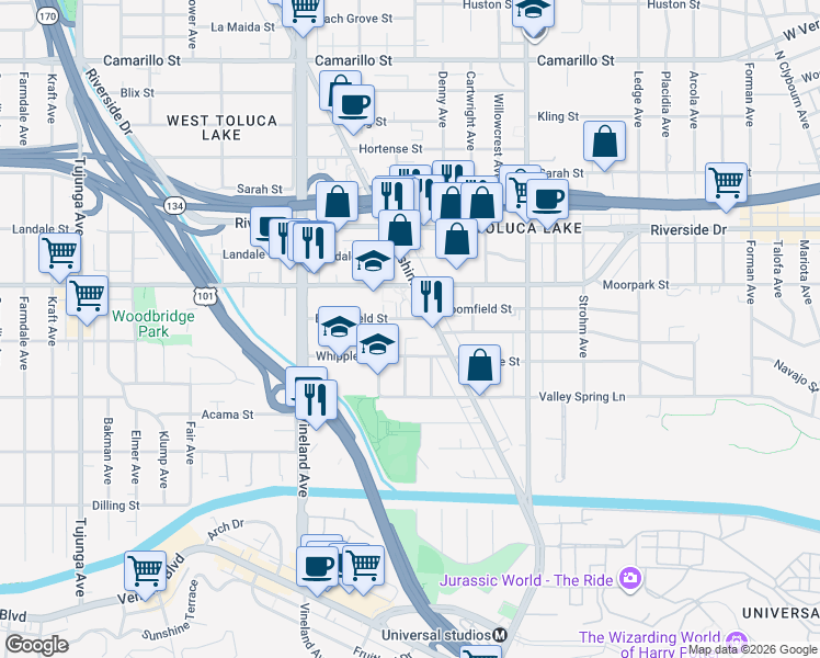 map of restaurants, bars, coffee shops, grocery stores, and more near 10824 Bloomfield Street in Los Angeles
