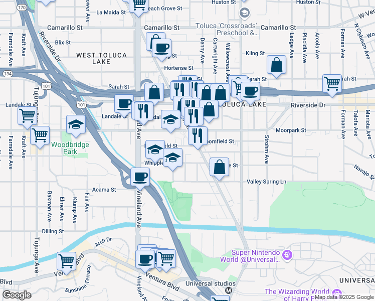 map of restaurants, bars, coffee shops, grocery stores, and more near 10834 Bloomfield Street in Los Angeles