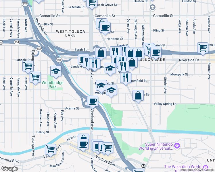 map of restaurants, bars, coffee shops, grocery stores, and more near in Los Angeles County