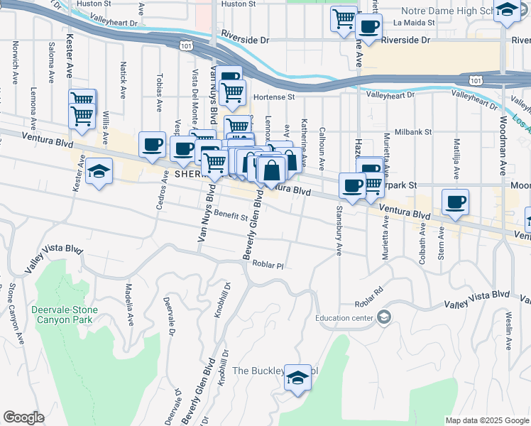 map of restaurants, bars, coffee shops, grocery stores, and more near 14332 Dickens Street in Los Angeles