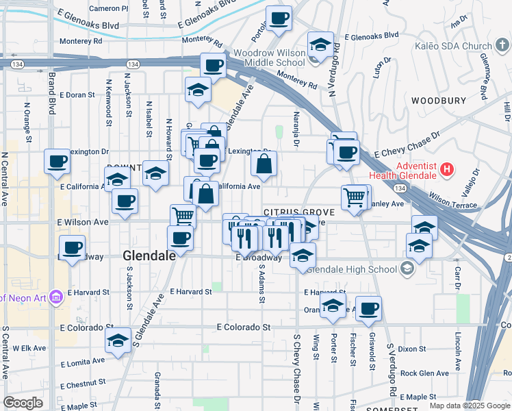 map of restaurants, bars, coffee shops, grocery stores, and more near 223 North Adams Street in Glendale