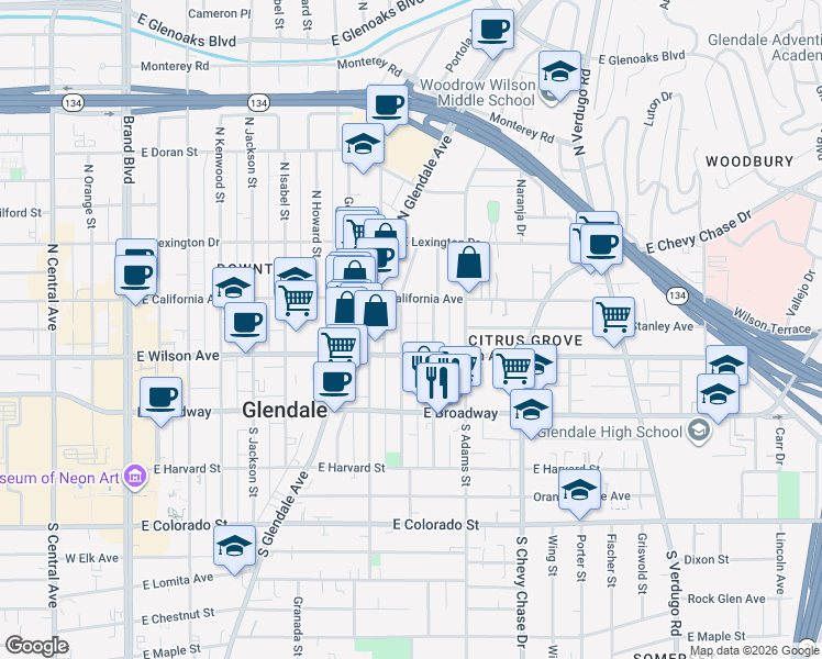 map of restaurants, bars, coffee shops, grocery stores, and more near 221 North Belmont Street in Glendale