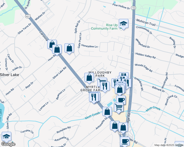 map of restaurants, bars, coffee shops, grocery stores, and more near 5043 Carolina Beach Road in Wilmington