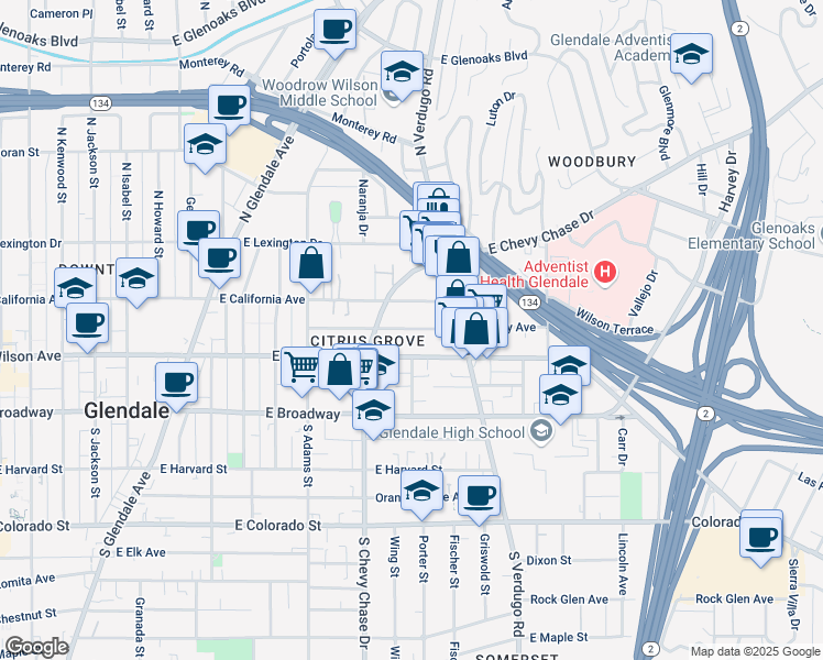 map of restaurants, bars, coffee shops, grocery stores, and more near 1242 Stanley Ave in Glendale