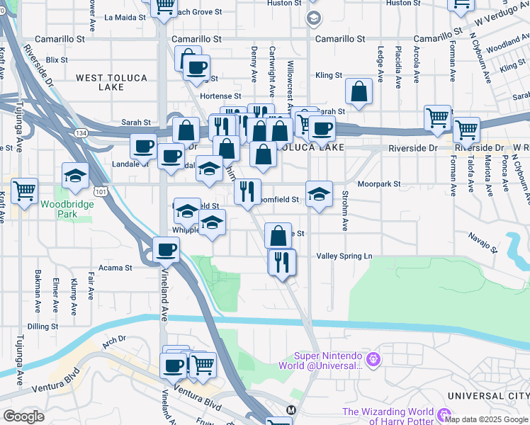 map of restaurants, bars, coffee shops, grocery stores, and more near 10711 Woodbridge Street in Los Angeles