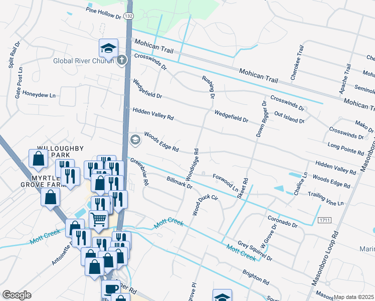 map of restaurants, bars, coffee shops, grocery stores, and more near 4823 Woods Edge Road in Wilmington