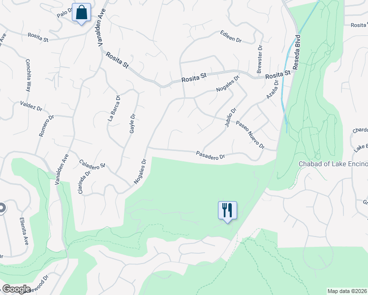 map of restaurants, bars, coffee shops, grocery stores, and more near 18875 Pasadero Drive in Los Angeles