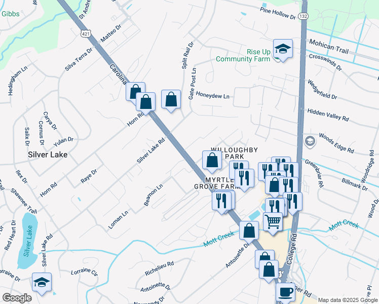 map of restaurants, bars, coffee shops, grocery stores, and more near 5029 Carolina Beach Road in Wilmington