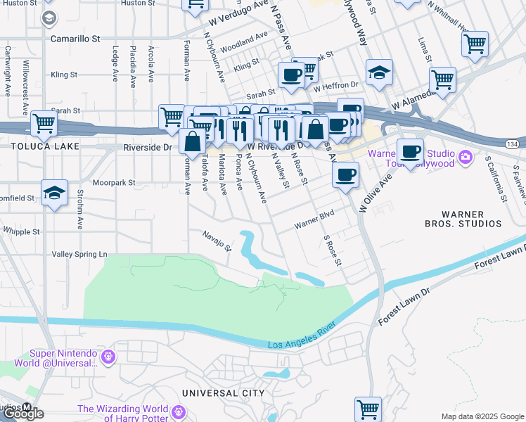 map of restaurants, bars, coffee shops, grocery stores, and more near 4322 Ponca Avenue in Los Angeles