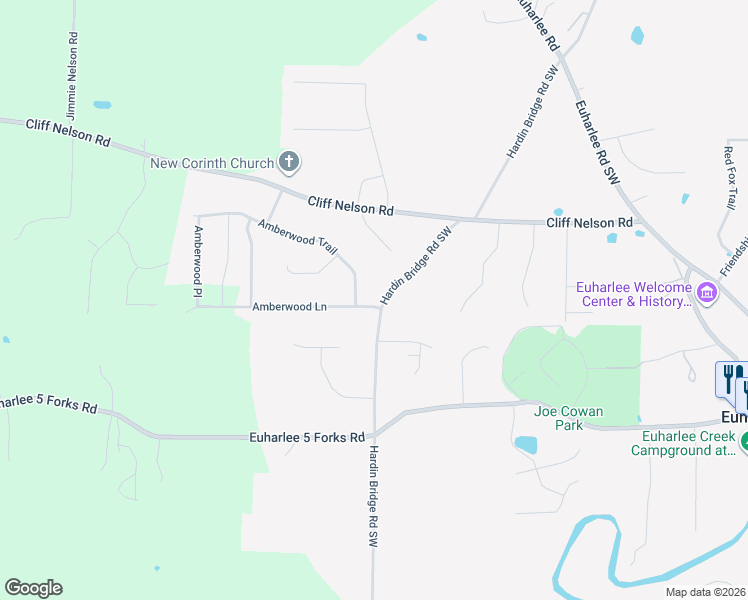 map of restaurants, bars, coffee shops, grocery stores, and more near 110 Amberwood Lane in Euharlee