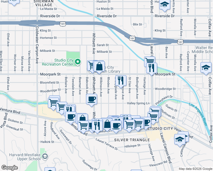 map of restaurants, bars, coffee shops, grocery stores, and more near 4312 Wilkinson Avenue in Los Angeles