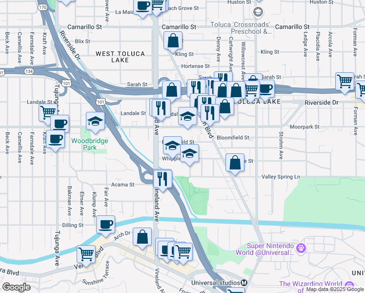 map of restaurants, bars, coffee shops, grocery stores, and more near 10878 Bloomfield Street in Los Angeles