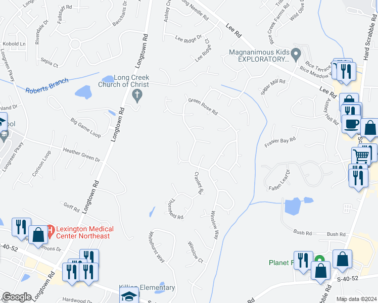 map of restaurants, bars, coffee shops, grocery stores, and more near 121 Green Rose Road in Columbia