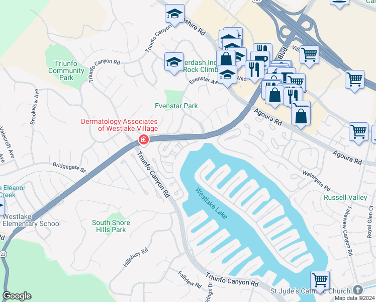 map of restaurants, bars, coffee shops, grocery stores, and more near 1202 South Westlake Boulevard in Westlake Village
