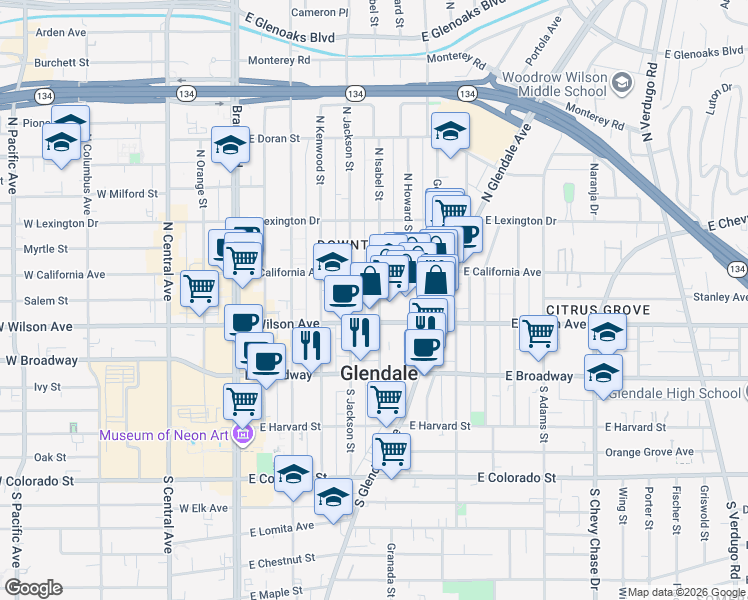 map of restaurants, bars, coffee shops, grocery stores, and more near 221 North Isabel Street in Glendale