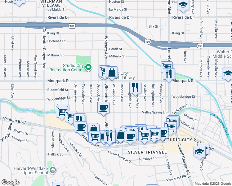 map of restaurants, bars, coffee shops, grocery stores, and more near 4312 Wilkinson Avenue in Los Angeles