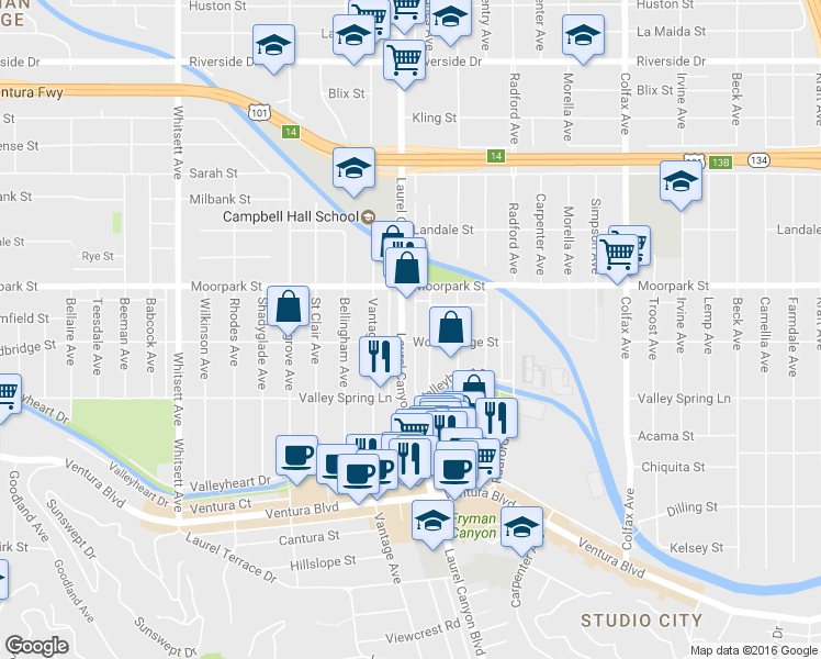 map of restaurants, bars, coffee shops, grocery stores, and more near 4312 Laurel Canyon Boulevard in Los Angeles