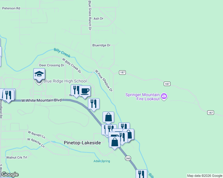 map of restaurants, bars, coffee shops, grocery stores, and more near 108 West Pine Shadow Drive in Pinetop-Lakeside