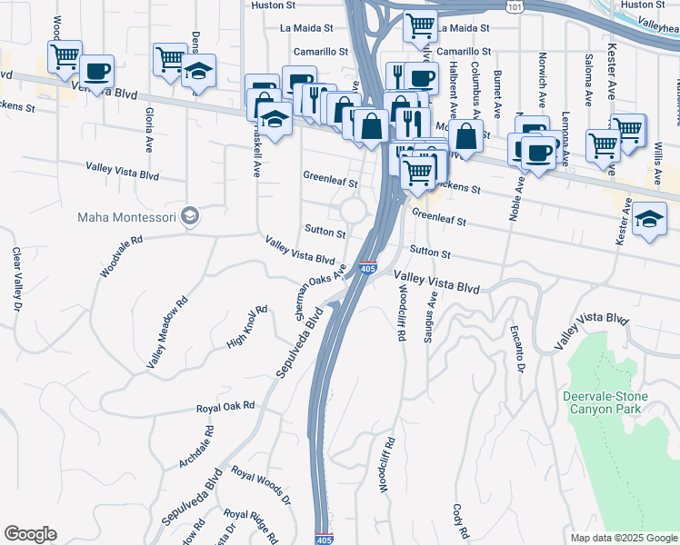map of restaurants, bars, coffee shops, grocery stores, and more near Fiume Walk & Sherman Oaks Ave in Los Angeles