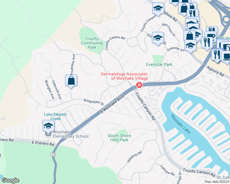 map of restaurants, bars, coffee shops, grocery stores, and more near 1209 Kelsford Court in Westlake Village