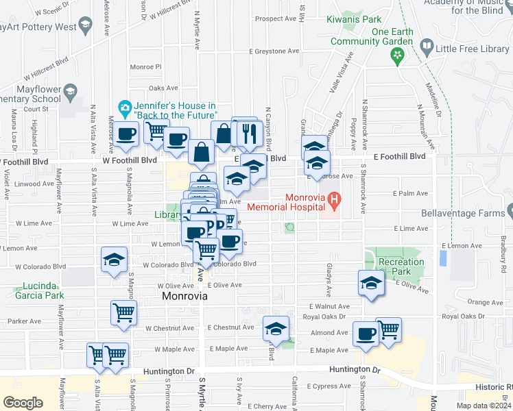 map of restaurants, bars, coffee shops, grocery stores, and more near 232 East Palm Avenue in Monrovia
