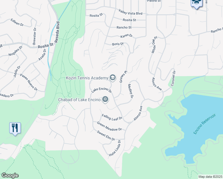 map of restaurants, bars, coffee shops, grocery stores, and more near 18089 Lake Encino Drive in Los Angeles