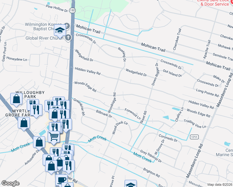map of restaurants, bars, coffee shops, grocery stores, and more near 5423 Woodridge Road in Wilmington