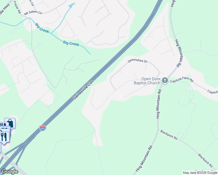 map of restaurants, bars, coffee shops, grocery stores, and more near 6182 Devonshire Drive in Flowery Branch