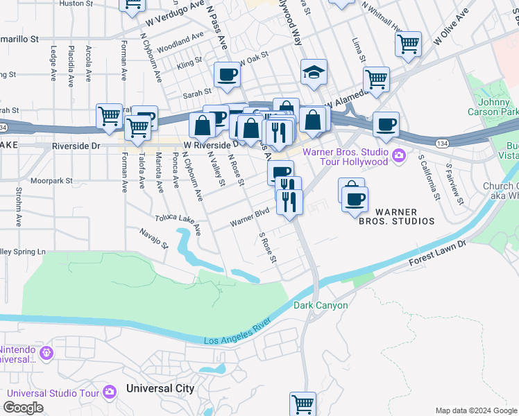 map of restaurants, bars, coffee shops, grocery stores, and more near Warner Boulevard in Burbank
