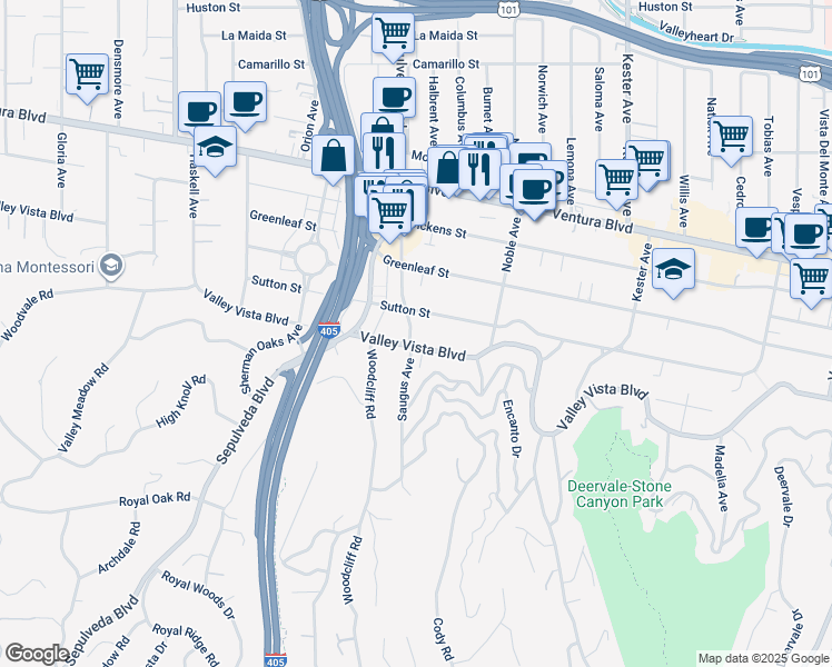 map of restaurants, bars, coffee shops, grocery stores, and more near 4312 Saugus Avenue in Los Angeles