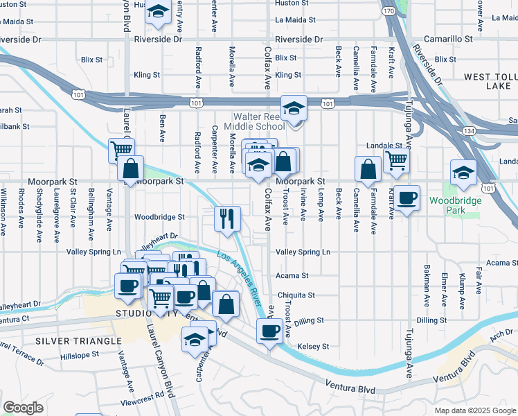 map of restaurants, bars, coffee shops, grocery stores, and more near 4353 Colfax Avenue in Los Angeles