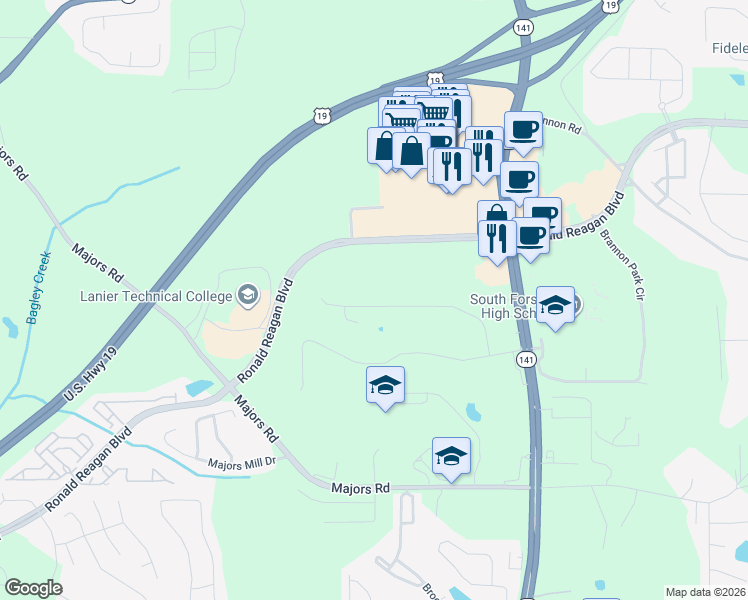 map of restaurants, bars, coffee shops, grocery stores, and more near 940 Grove Valley Drive in Cumming