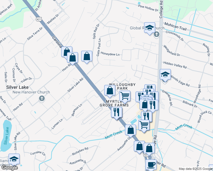 map of restaurants, bars, coffee shops, grocery stores, and more near 1501 Willoughby Park Road in Wilmington