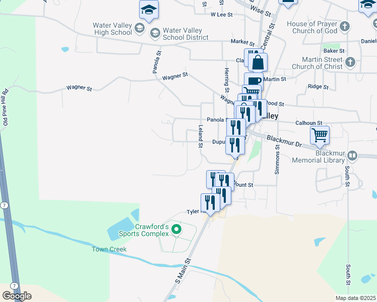 map of restaurants, bars, coffee shops, grocery stores, and more near 101 Sissell Street in Water Valley