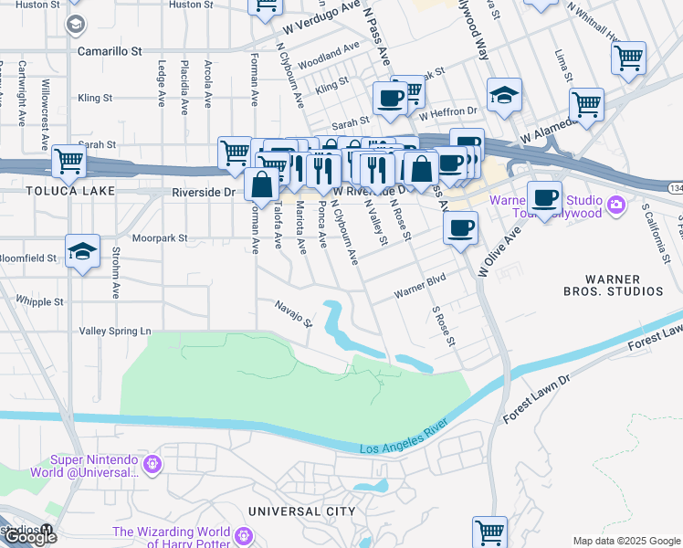map of restaurants, bars, coffee shops, grocery stores, and more near 4322 Ponca Avenue in Los Angeles
