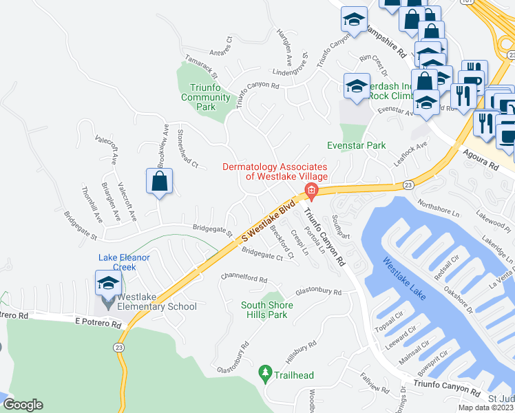 map of restaurants, bars, coffee shops, grocery stores, and more near 1209 Kelsford Court in Westlake Village