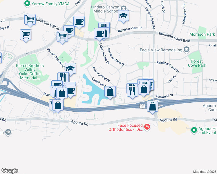 map of restaurants, bars, coffee shops, grocery stores, and more near 30631 Lakefront Drive in Agoura Hills