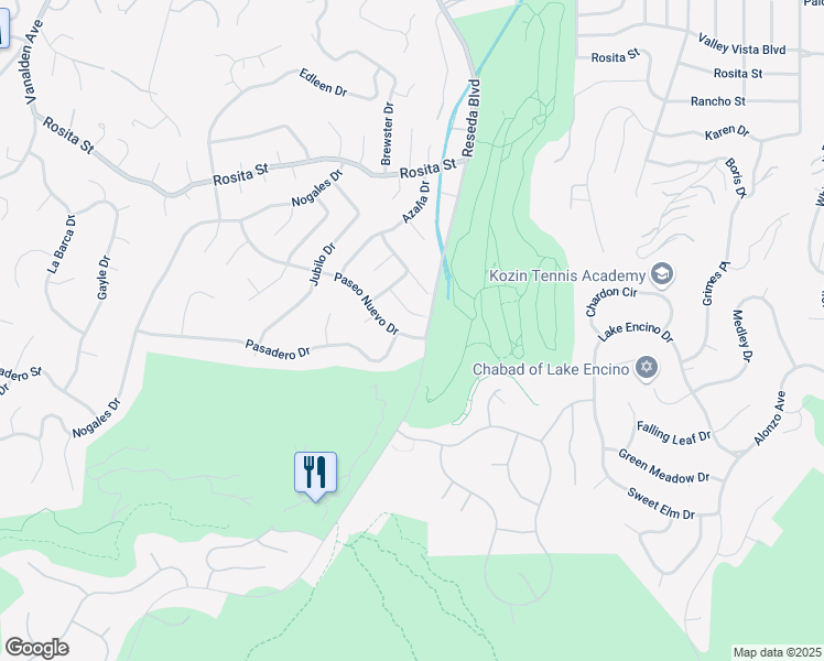map of restaurants, bars, coffee shops, grocery stores, and more near 18611 Paseo Nuevo Drive in Los Angeles
